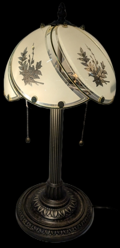 Lovely Dual Light Pull-String Desk Table Lamp With Frosted Glass Panel Shade - 19.25" Tall (Working, With Bulbs)