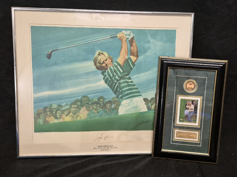 2 Framed Golf Legends - Jack Nickaus Print #135/1000 & Arnold Palmer Upper Deck Card
