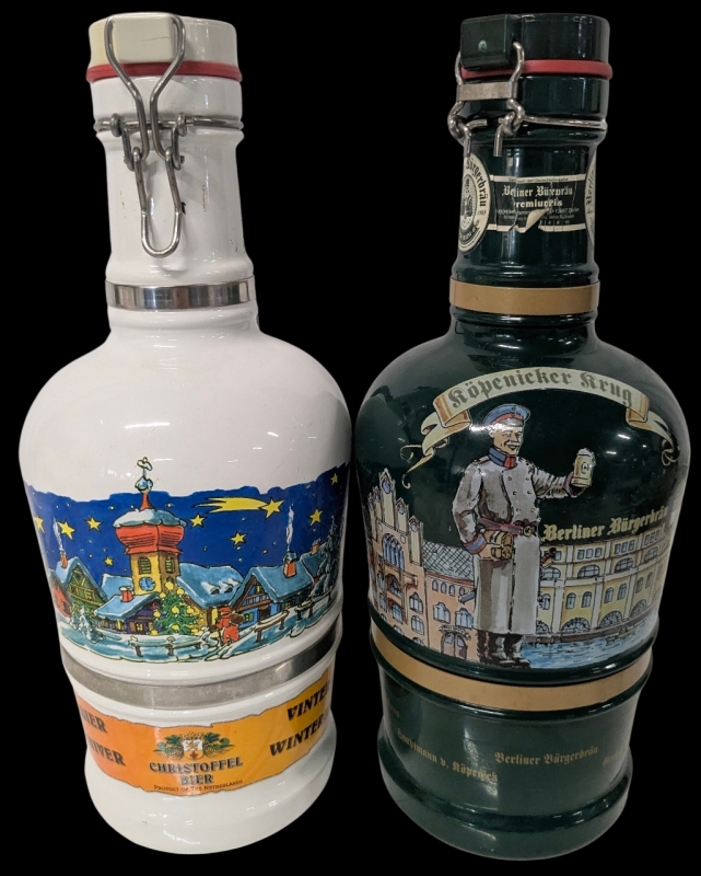 2 Vintage Large 2L Beer Jug Growlers : Dutch Christoffel Winterbier Barware with Christmas Village Scene & K&ouml;penicker Berlin B&uuml;rgerbr&auml;u Jug - 13.25" Tall Each