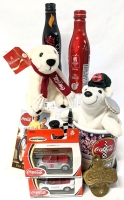 Vintage to 2009 COCA-COLA : 2&times; Matchbox Mattel Wheels Diecast Cars, 2&times; Stuffed Polar Bears, 2&times; Sealed Vancouver 2010 Olympics Commemorative 259ml Bottles & Brass Bottle Opener +