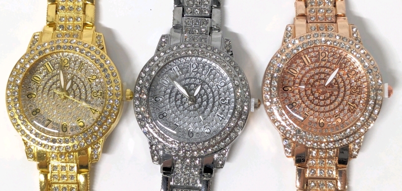 3 New Glittering Rhinestone Ladies Analog Wrist Watches - 8" Long Each