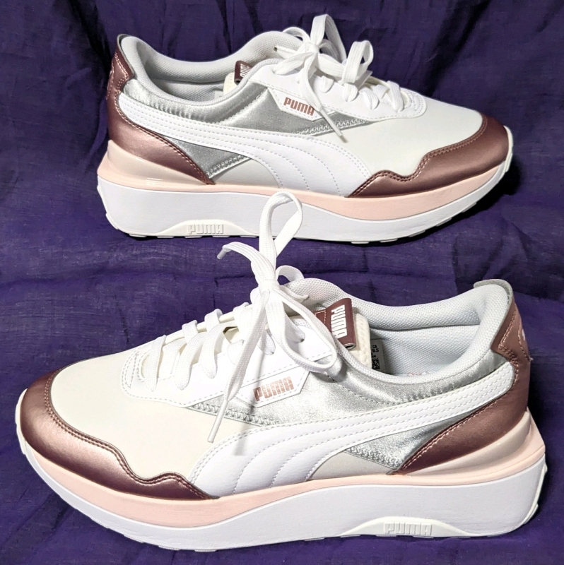 New PUMA Ladies Cruise Rider Chrome Sneakers: White, Rose Gold (Size 9.5)