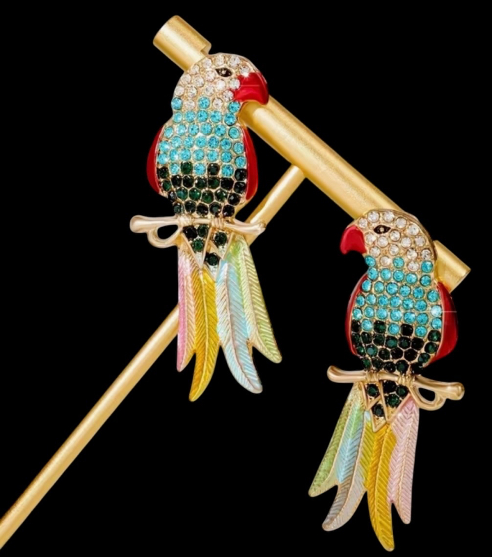 Beautiful Paradise Vintage Style Parrot Drop Rarrings with Rhinestones Approximately 2 inch Pierced post back