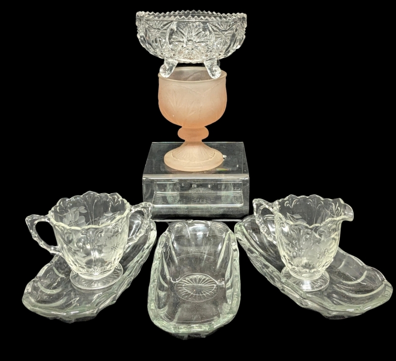 7 Pieces Vintage Glass : Tiara Exclusive Pink Frosted Goblet with Leaf Design, Saw Tooth Edge Footed Star Nut Dish 5.25" &times; 2.5", Etched Floral Creamer & Sugar Dish + 3&times; Unsigned Anchor Hocking Fountain Ware Banana Split Dishes