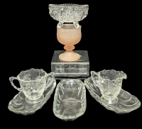 7 Pieces Vintage Glass : Tiara Exclusive Pink Frosted Goblet with Leaf Design, Saw Tooth Edge Footed Star Nut Dish 5.25" &times; 2.5", Etched Floral Creamer & Sugar Dish + 3&times; Unsigned Anchor Hocking Fountain Ware Banana Split Dishes