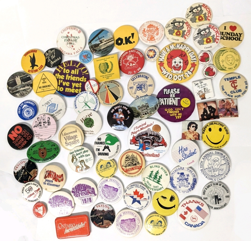 60+ Vintage Buttons Badges : Canada's Wonderland, McDonald's, Festivals, Ontario Tourism, Anti-Smoking, Anti-Drug, Music, Clubs + More