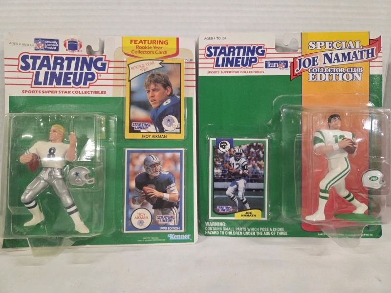 2 Vintage Starting Lineup Collectables | (1) Special Edition Joe Namath Collector Club Edition & (1) Troy Aikman Featuring Rookie Year Collectors Card
