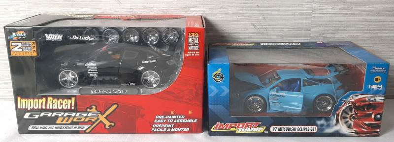 2 Jada Toys & Funline 1/24 Scale Die Cast Metal Model Cars | Includes Mazda RX-8 & '97 Mitsubishi Eclipse GST | Models are Roughly 7" Long, 2&frac12;" Long