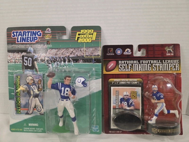 2 Vintage | Peyton Manning Collectables Lot | Includes 1999 NFL Self-Inking Stamper & Starting Line up 1999 Figure