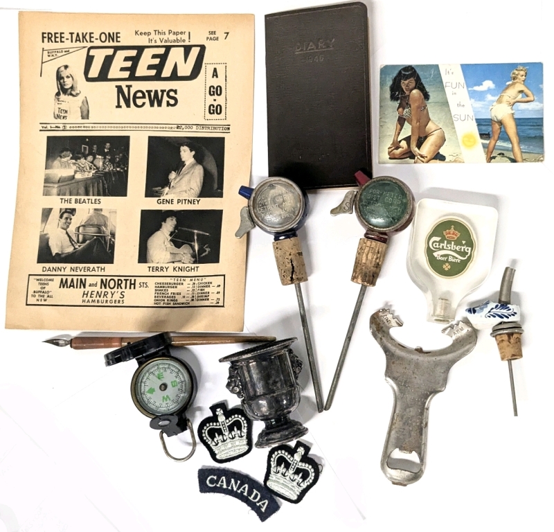 Vintage Ephemera & Treasures : Reproduction Ty Cobb Jan 26 1946 Diary, Buffalo & NY Teen News With Beatles Info, Viners Of Sheffield Miniature Plated Wine Cooler, Patches, POR-METERS, Androck Opener, Post Card