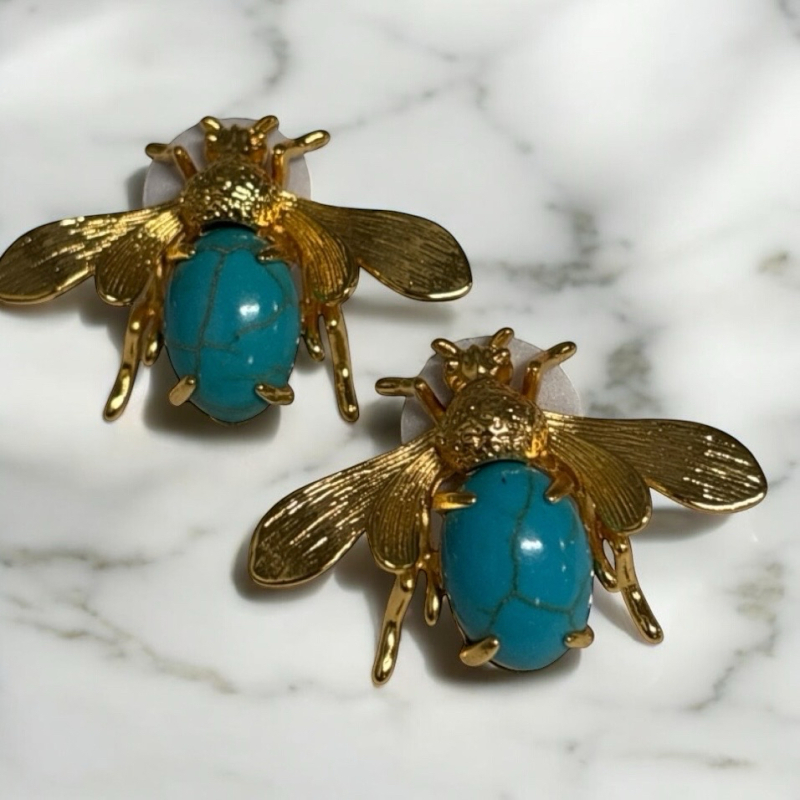 Pair of Vintage Style Copper Gold Plated 925 Silver Post pierced Earrings approximately 1.4 inch Mosaic Turquoise