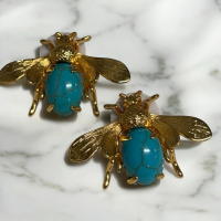 Pair of Vintage Style Copper Gold Plated 925 Silver Post pierced Earrings approximately 1.4 inch Mosaic Turquoise