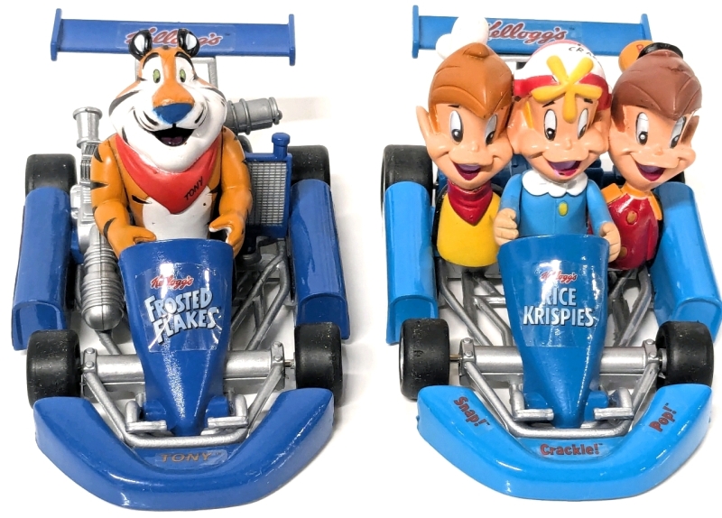 Two 2006 Way Out Toys KELLOGG'S Frosted Flakes & Rice Krispies 100th Anniversary Pull-N-Go Go Karts - 5" Long (Working!)