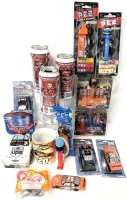 Vintage to 2006 NASCAR and Racing Collectables: 5&times; Sealed PEZ Sets + 1 Dispenser, 3&times; Sealed Winner's Circle Vanilla-Scented Car Air Fresheners, 3&times; Budweiser Cans (Empty), Sealed McDonald's Mac Tonight Car, 2003 Sealed Candy, Collectable Tin +