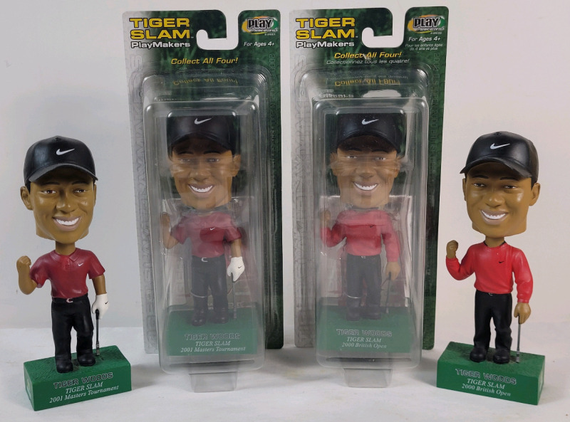 2002 UD Tiger Slam Tiger Woods Bobbleheads . 2001 Masters Champ &times;2 & 2000 Open Champ &times;2 . One (1) of Each Sealed