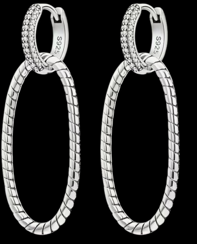 925 Sterling Silver Unique Geometric Twisted Oval 2 Drop Design Hoop Earrings Stamped Appropriately 1.75 inch
