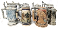 8 Vintage Avon Lidded Beer Steins : Football, Basketball, Racing Cars, Planes, Old Cars, Trains, Blacksmith - 7" - 10" Tall
