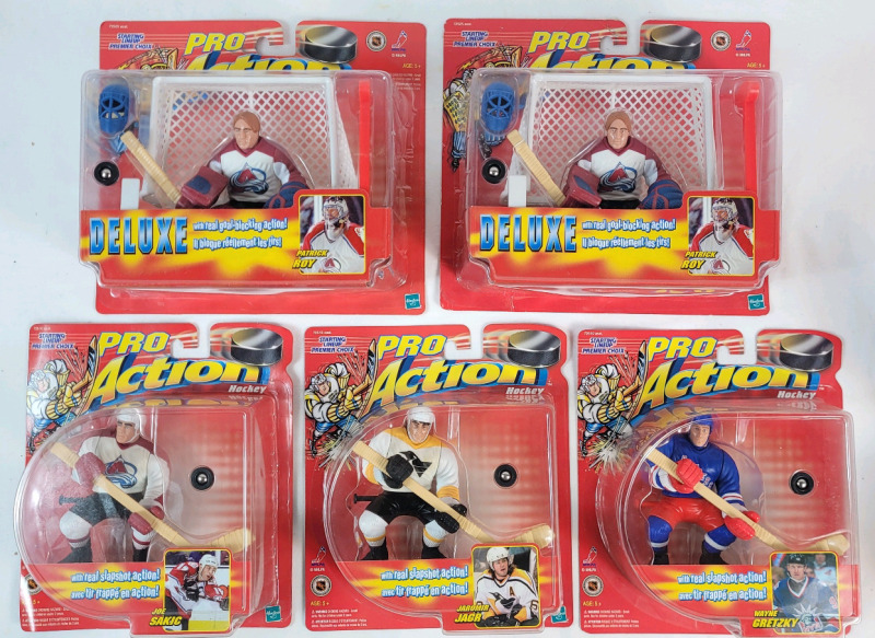 5 Vintage 1998 Starting Lineup Pro Action Hockey 5" Action Figures w/Real Slapshot Action . Gretzky , Jagr , Sakic & Roy &times;2 . Sealed