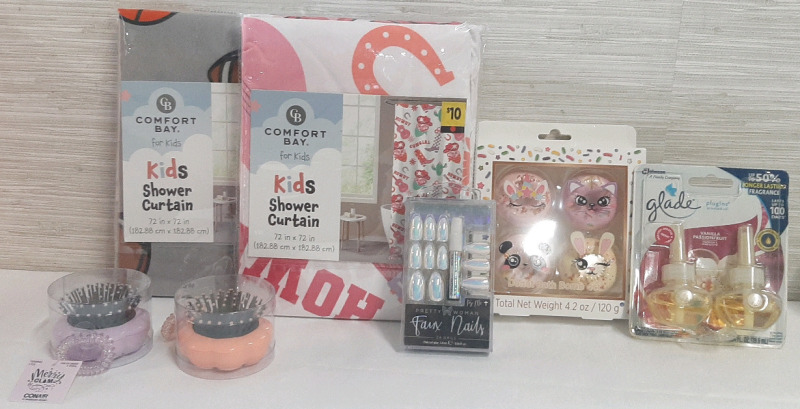 Lot of Bathroom Products | 2 Comfort Bay Kids Shower Curtains, 2 Merry Clam Pop-Up Brushes, 4pc Donut Bath Bomb Pack, 24pc Pretty Woman Faux Nails Pack & 2pc Glade Plugins Vanilla Passionfruit Scented Oil Pack