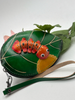 Handcrafted Genuine Leather Leaf Coin Purse with Colorful Caterpillar Key Holder / Card Wallet & Evening Clutch approximately 5.5 x 4 inch Strap 6 inch