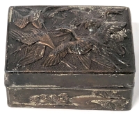 Gorgeous Antique Small Presumed Copper Japanese Pillbox With Cranes Relief - 1.75" &times; 1.3" &times; 0.75" Tall