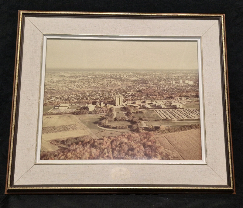 Framed Aerial View of "The Brock Tower" St. Catharines, Ontario Brock University - 27" by 23"