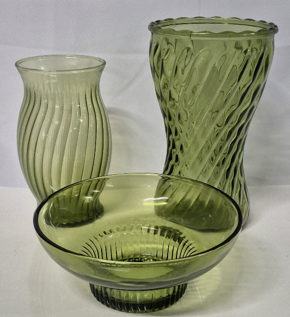 3 Vintage Green Glass Vases 3" to 8" Tall