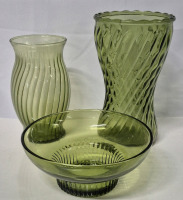 3 Vintage Green Glass Vases 3" to 8" Tall
