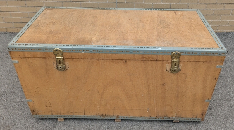 Large Wooden Trunk with Metal Reinforced Edges. 48.5" by 24" by 25.5"