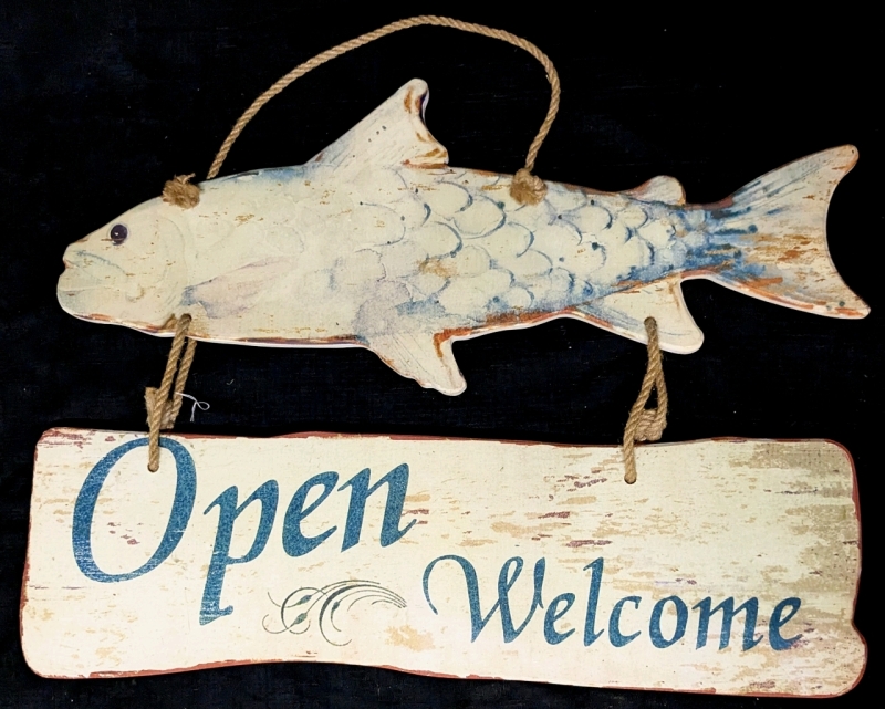 Large Wooden OPEN/Welcome Hanging Fish Sign With French on Reverse - 24" &times; 21.5" Incl Rope Loop