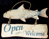 Large Wooden OPEN/Welcome Hanging Fish Sign With French on Reverse - 24" &times; 21.5" Incl Rope Loop