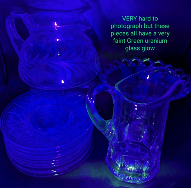 14 Pieces FAINT GLOW Uranium Glass: Etched Cut Glass Coffee Pot, Open Lace Edge Pedestal Dish, Pitcher & 11&times; 6"Plates in 2 Styles