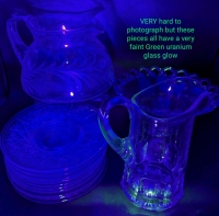 14 Pieces FAINT GLOW Uranium Glass: Etched Cut Glass Coffee Pot, Open Lace Edge Pedestal Dish, Pitcher & 11&times; 6"Plates in 2 Styles