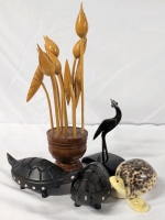 5 Home Decor Figures. 3 Turtles, Bird, and a Plant. Plant Stands 9" Tall.