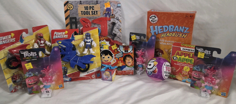 New | Assorted Kids Toys Lot | Includes Hedbanz Headrush, 10pc Toy Tool Set, GiftEms & More