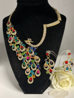 Colourful Peacock Bejeweled Tail. Necklace Matching Drop pierced Earrings sizes in description