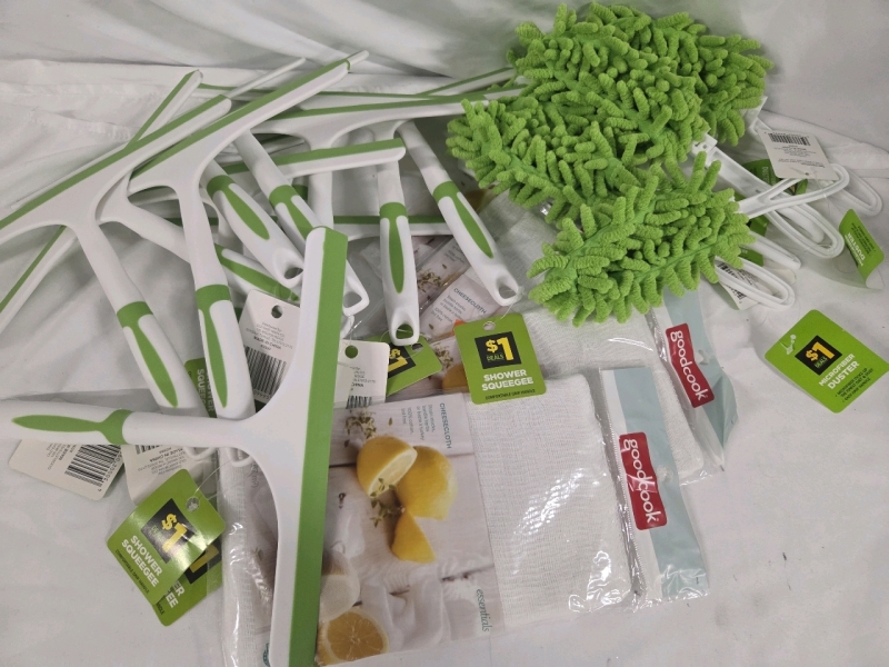 New | Assorted House Keeping Lot | Includes Shower Squeegees, Microfiber Dusters & Cheese Cloths