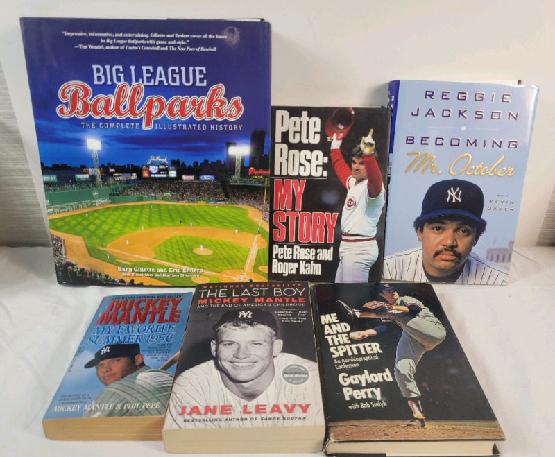 Six (6) MLB Baseball & Baseball Players Books . Pete Rose , Mickey Mantle , Reggie Jackson , Big League Ballparks