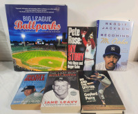Six (6) MLB Baseball & Baseball Players Books . Pete Rose , Mickey Mantle , Reggie Jackson , Big League Ballparks