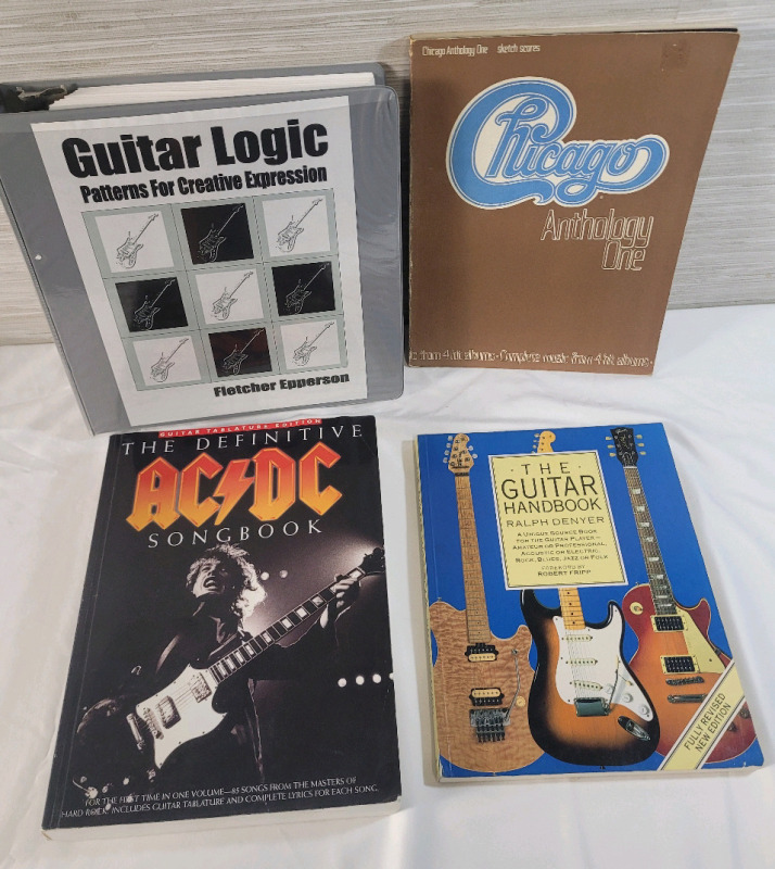 Four (4) Guitar Song Books . The Definitive AC/DC Songbook , Chicago Songbook , The Guitar Handbook & Guitar Logic Binder