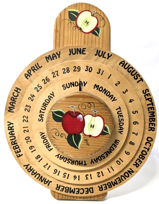 Vintage 1996 Signed Handpainted Cottagecore Wooden Perpetual Calendar - Tabletop or Wall-Mounted! 10" Diameter &times; 13" Tall