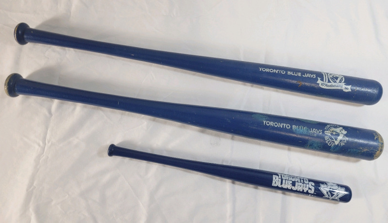 Three (3) Vintage Toronto Blue Jays Souvenir Bats . Measures 18" to 28" long