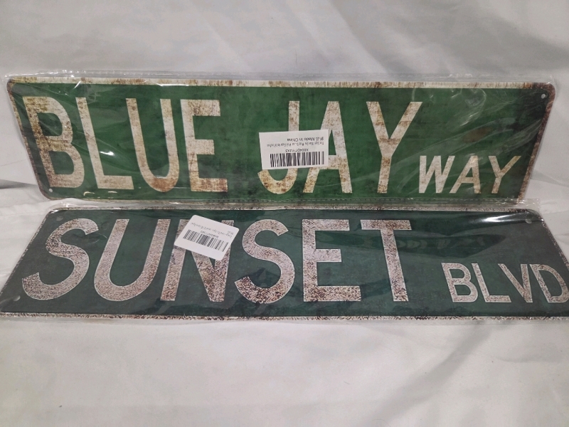 2 New | 12" x 4" Faux Road Signs | "Sunrise BLVD." & "Blue Jay Way"