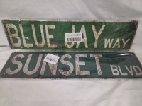 2 New | 12" x 4" Faux Road Signs | "Sunrise BLVD." & "Blue Jay Way"