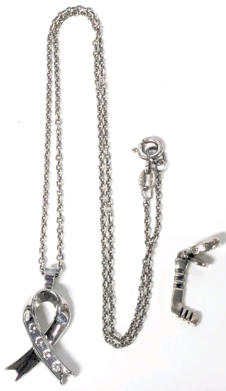 Lovely Ribbon Pendant With Clear Stones on 16" Long 925 FNE ITALY Chain & Signed Chamilia Sterling Silver 925 Hockey Stick & Puck Dangle Charm