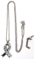 Lovely Ribbon Pendant With Clear Stones on 16" Long 925 FNE ITALY Chain & Signed Chamilia Sterling Silver 925 Hockey Stick & Puck Dangle Charm