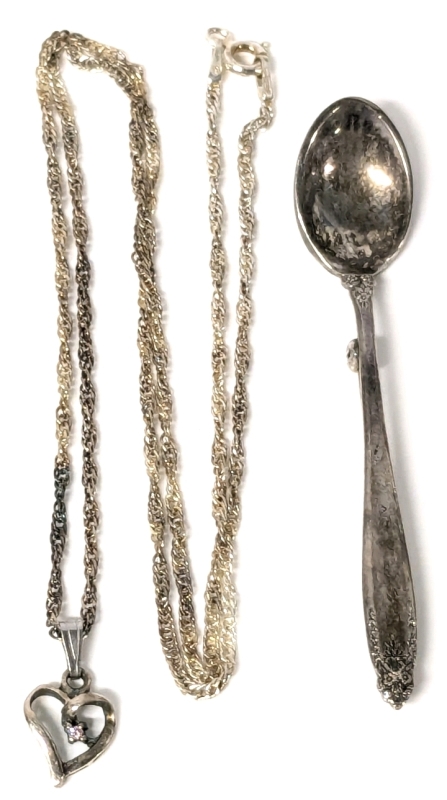 Stellar Sterling Silver Spoon Brooch (2.6" Long) & 925 Sterling Twisted Heart Pendant With Pink Stone on 925 Italy Chain 18" Long