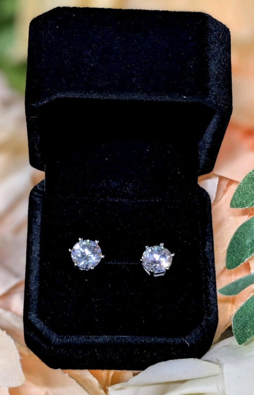 New 925S 2.0ct Each Simulated Diamond Stud Earrings, - Mounted in 925 Steriing Siler with White Gold Overlay