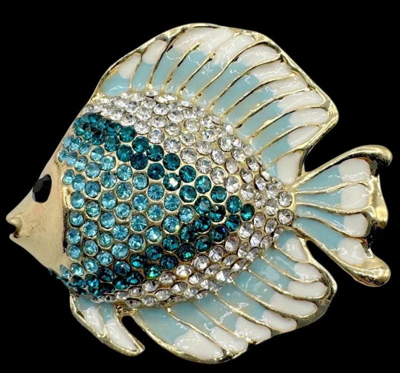 Lovely Rhinestone Enamel Style Angel Fish Brooch Approximately 1.75 x 1.9 Inch