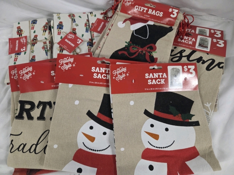 New | Assorted Cloth Holiday Supplies | Includes Napkins, Sacks & Gift Bags